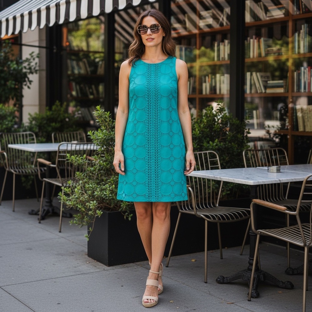 Eliza J Dress Women’s 4 Teal Turquoise Shift Eyelet Lace Lacy Overlay Sleeveless
